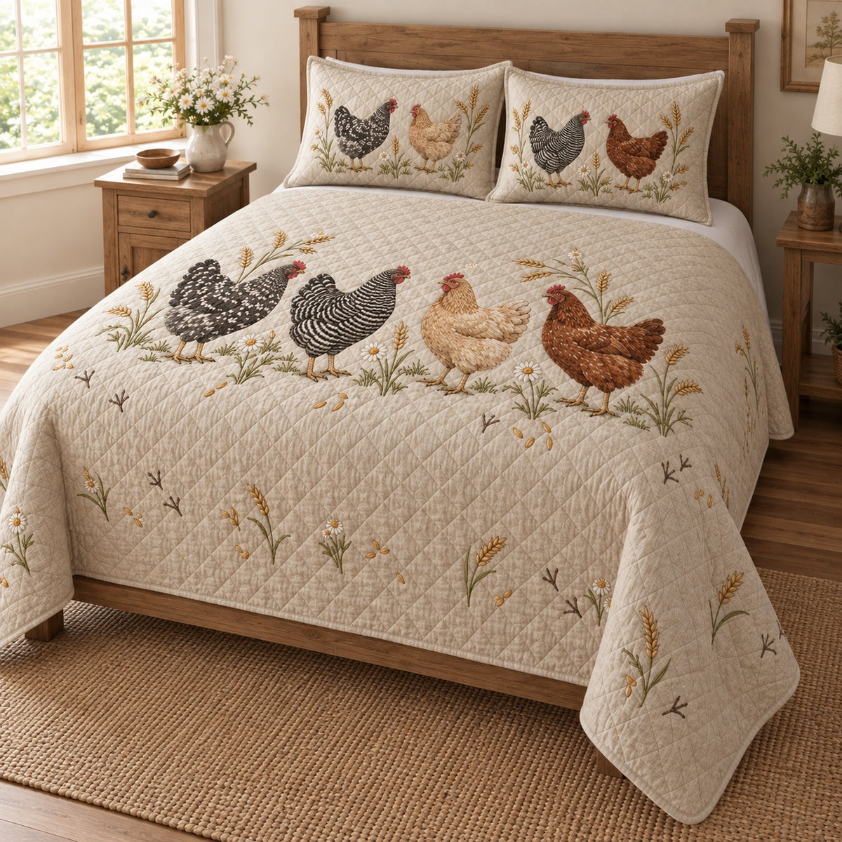Embroidered Hen Flock Farmhouse Quilt Set, angled Hen bedroom view