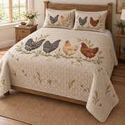 Embroidered Hen Flock Farmhouse Quilt Set, angled Hen bedroom view