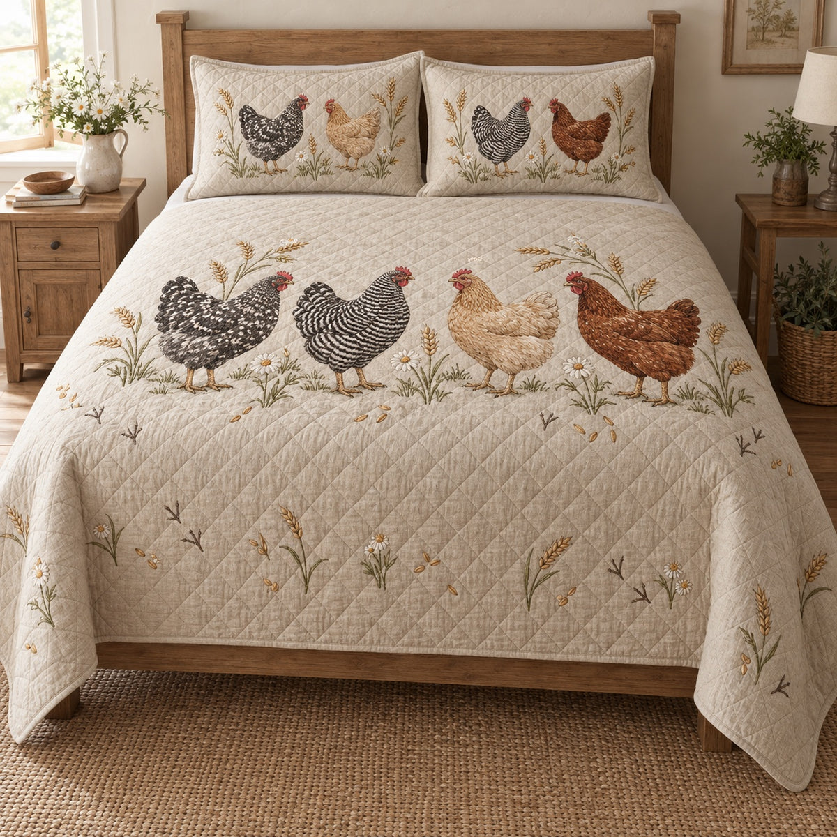 Embroidered Hen Flock Farmhouse Quilt Set, front Hen bedroom view
