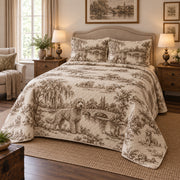 Riverside Doodle Goldendoodle Country Toile Quilt Set, angled goldendoodle country toile bedroom view