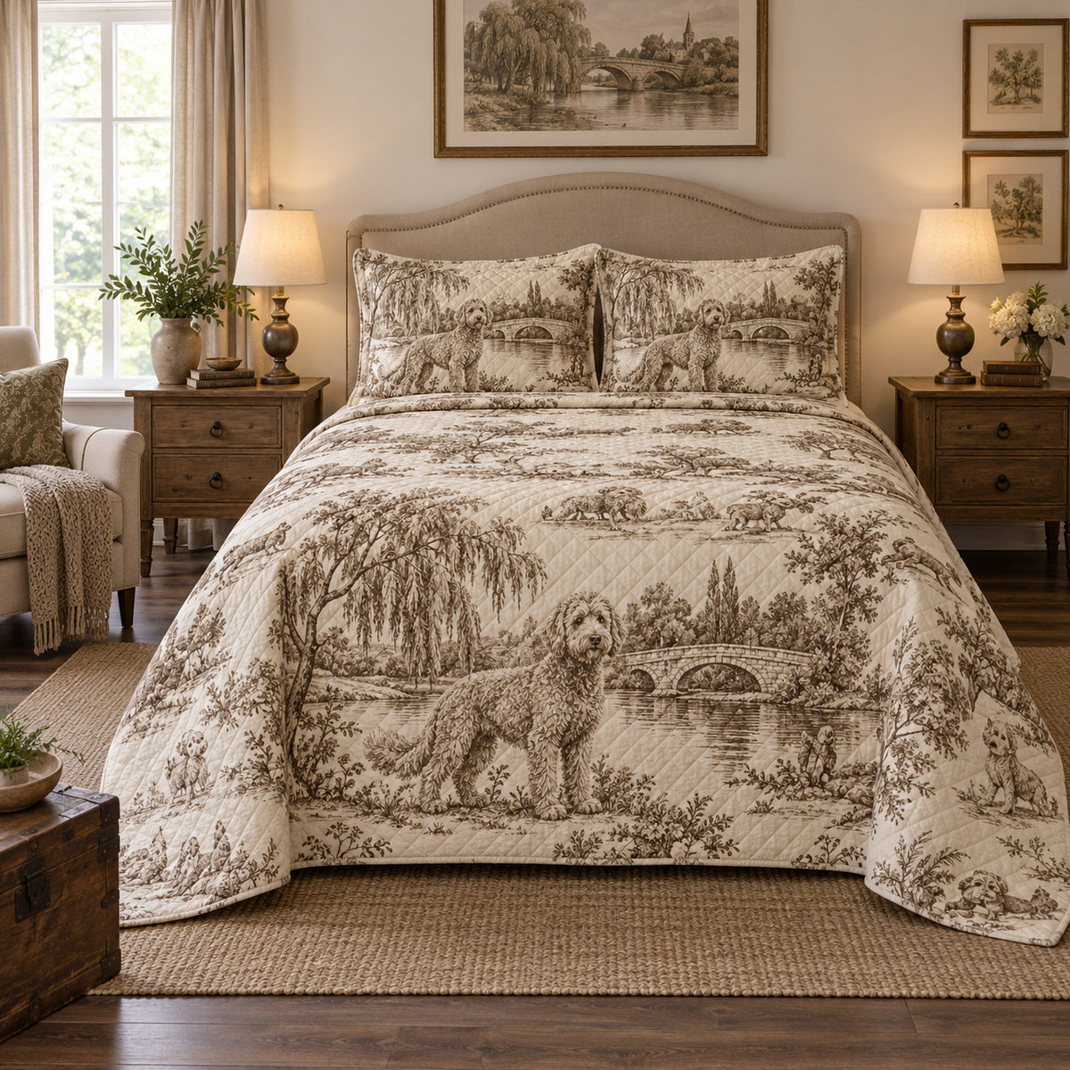 Riverside Doodle Goldendoodle Country Toile Quilt Set, front goldendoodle country toile bedroom view