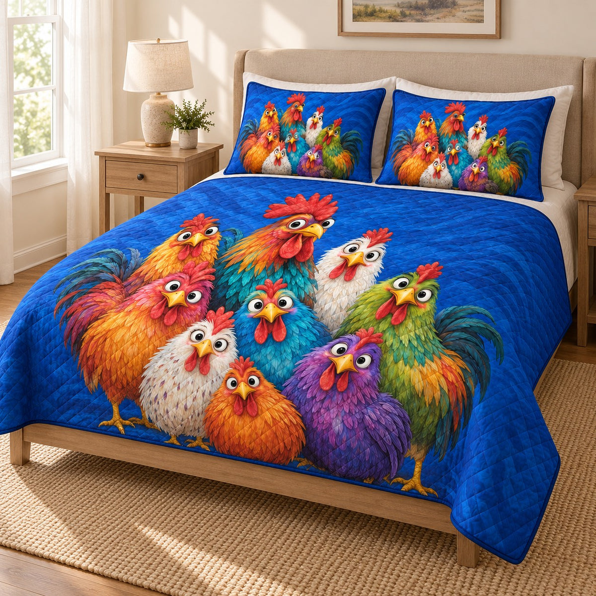 Colorful Funny Chicken Farmhouse Quilt Set: angled bedroom view showing the quilt artwork and coordinating shams