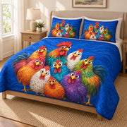 Colorful Funny Chicken Farmhouse Quilt Set: angled bedroom view showing the quilt artwork and coordinating shams