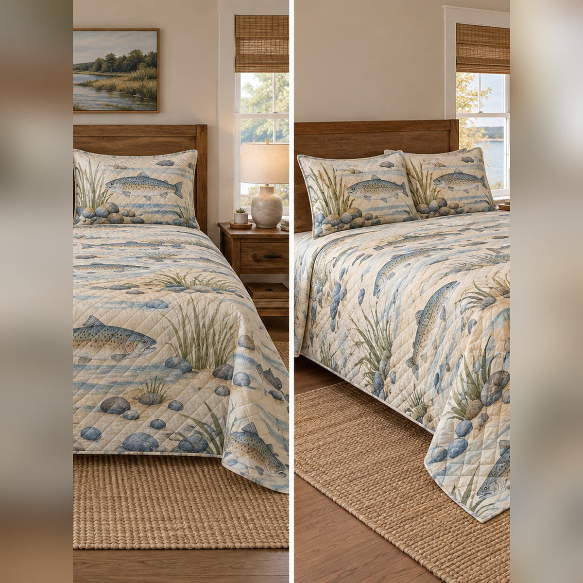 Coastal Blue Trout River Quilt Set, front fly fishing bedroom view
