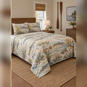 Coastal Blue Trout River Quilt Set, angled fly fishing bedroom view