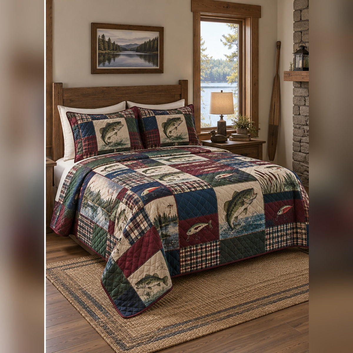 Heirloom Bass Patchwork Print Quilt Set, angled bass fishing bedroom view