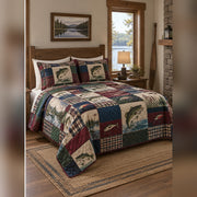 Heirloom Bass Patchwork Print Quilt Set, angled bass fishing bedroom view
