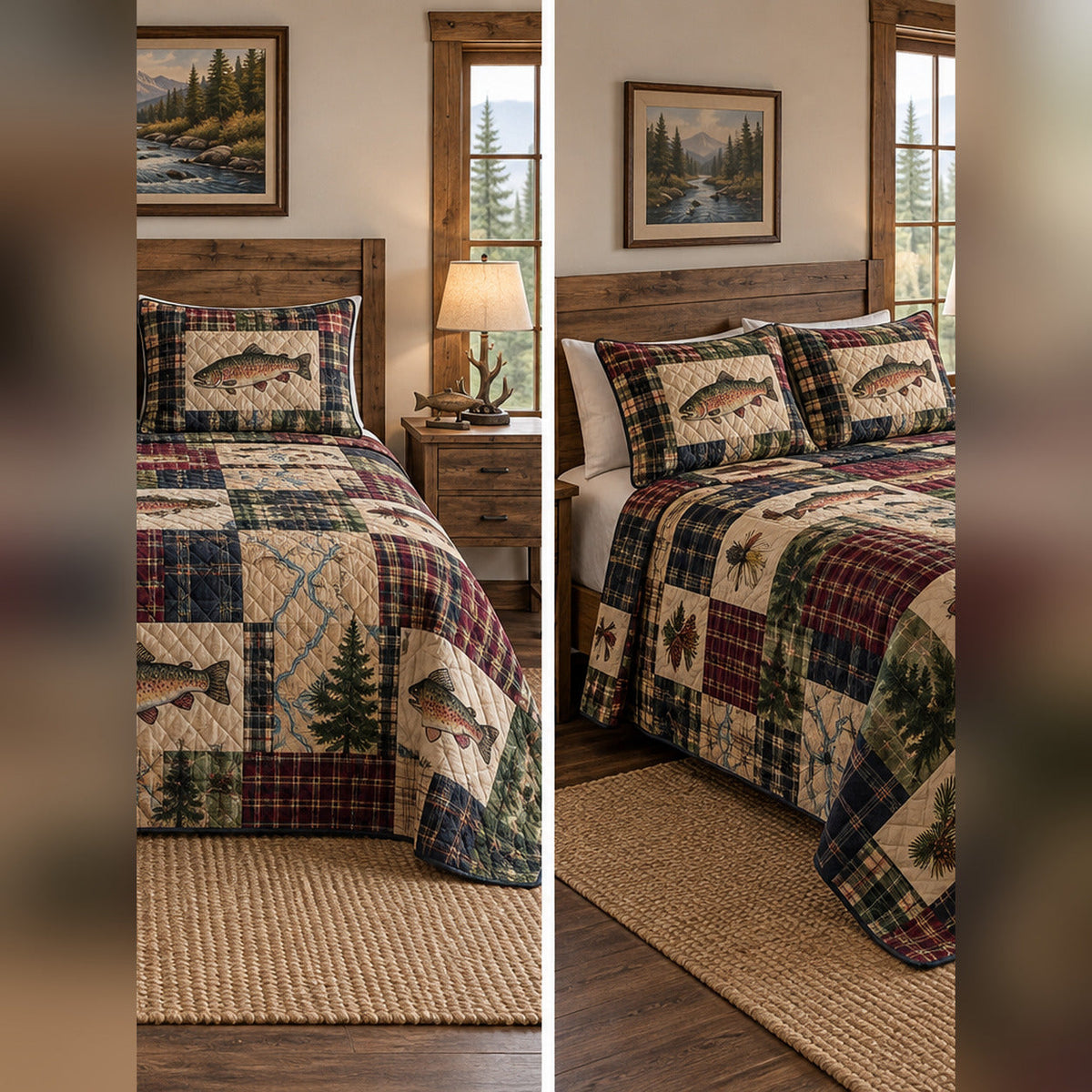 Heirloom Fly Fishing Patchwork Print Quilt Set, front fly fishing bedroom view