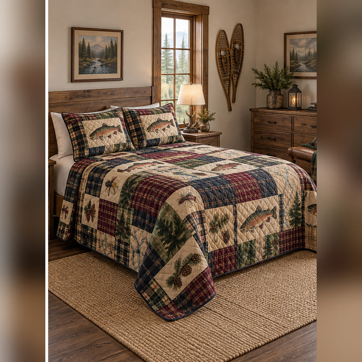 Heirloom Fly Fishing Patchwork Print Quilt Set, angled fly fishing bedroom view