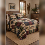 Heirloom Fly Fishing Patchwork Print Quilt Set, angled fly fishing bedroom view