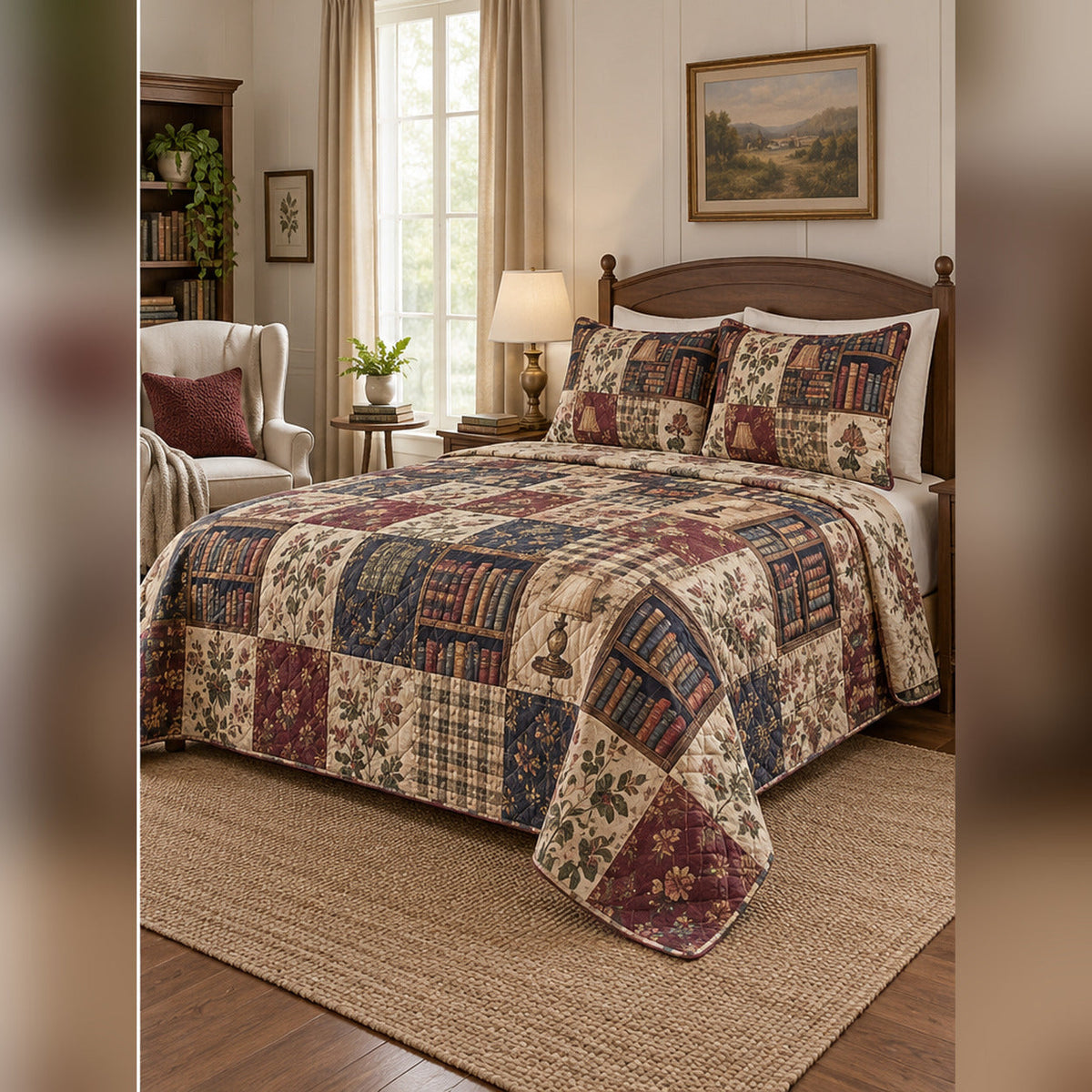 Heirloom Library Patchwork Print Quilt Set, angled librarian bedroom view