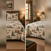 Vintage Camper Trail Quilt Set, front rv camping bedroom view