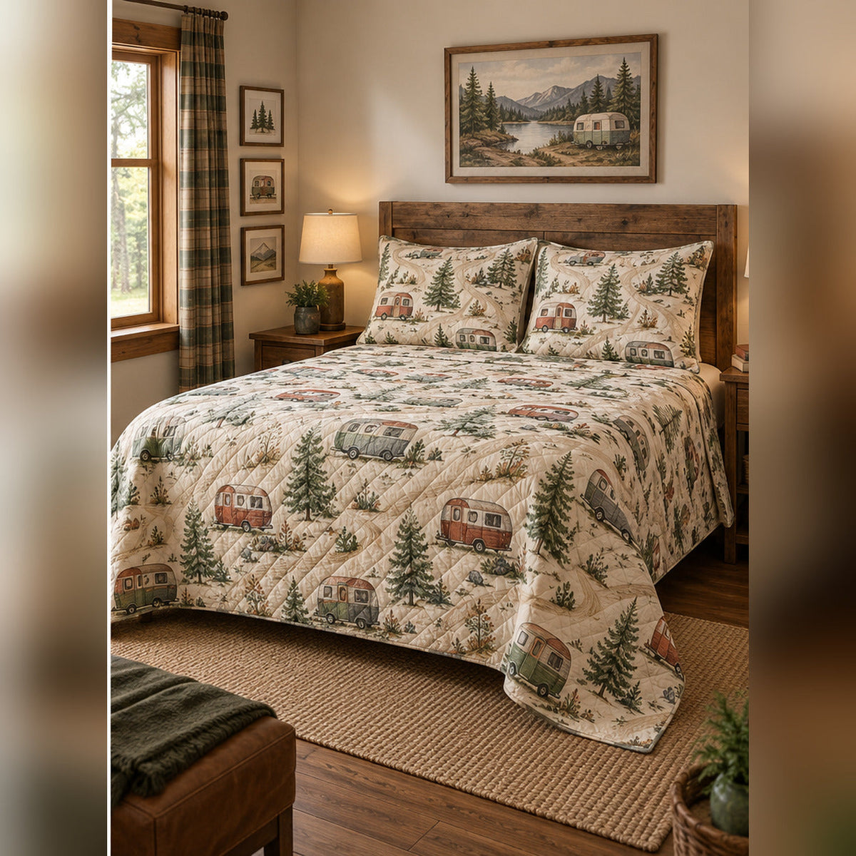 Vintage Camper Trail Quilt Set, angled rv camping bedroom view