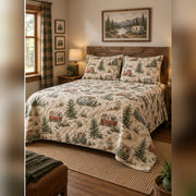 Vintage Camper Trail Quilt Set, angled rv camping bedroom view