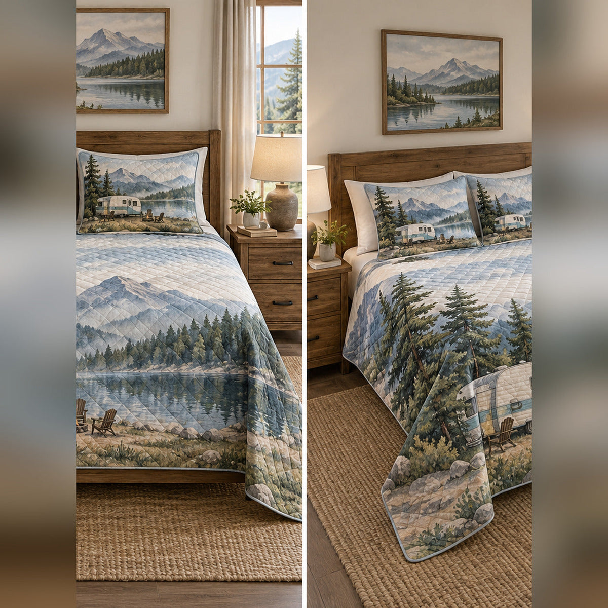 Watercolor Mountain Lake Camper Quilt Set, front rv camping bedroom view