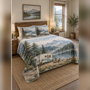 Watercolor Mountain Lake Camper Quilt Set, angled rv camping bedroom view