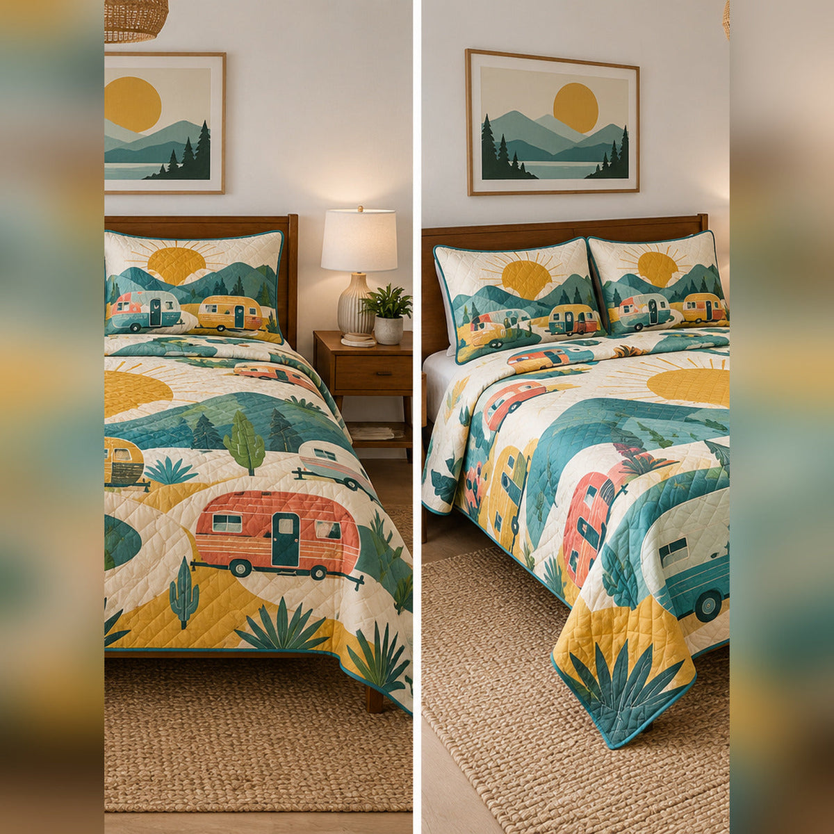 Mid Century Camper Road Trip Quilt Set, front rv camping bedroom view