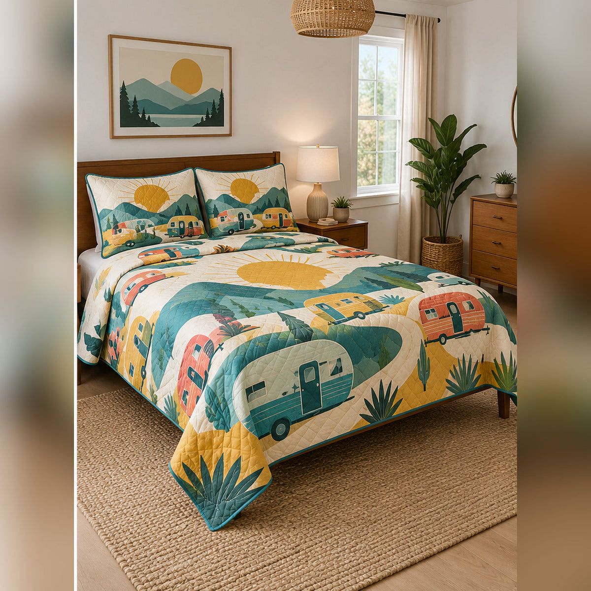 Mid Century Camper Road Trip Quilt Set, angled rv camping bedroom view