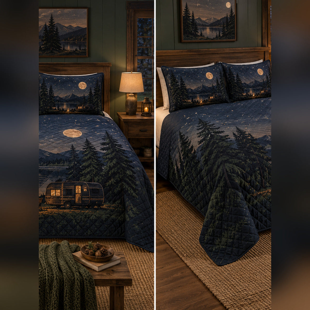 Moonlit Camper Campground Quilt Set, front rv camping bedroom view