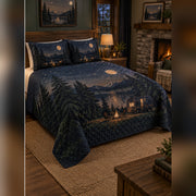 Moonlit Camper Campground Quilt Set, angled rv camping bedroom view