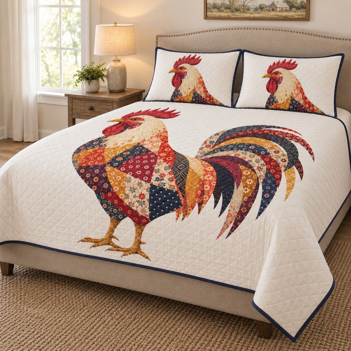 Vintage-inspired Rooster Floral Country Quilt Set: angled bedroom view showing the quilt artwork and coordinating shams