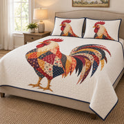 Vintage-inspired Rooster Floral Country Quilt Set: angled bedroom view showing the quilt artwork and coordinating shams