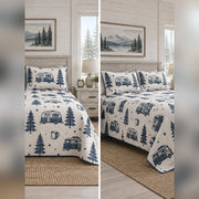 Indigo Camper Block Print Quilt Set, front rv camping bedroom view