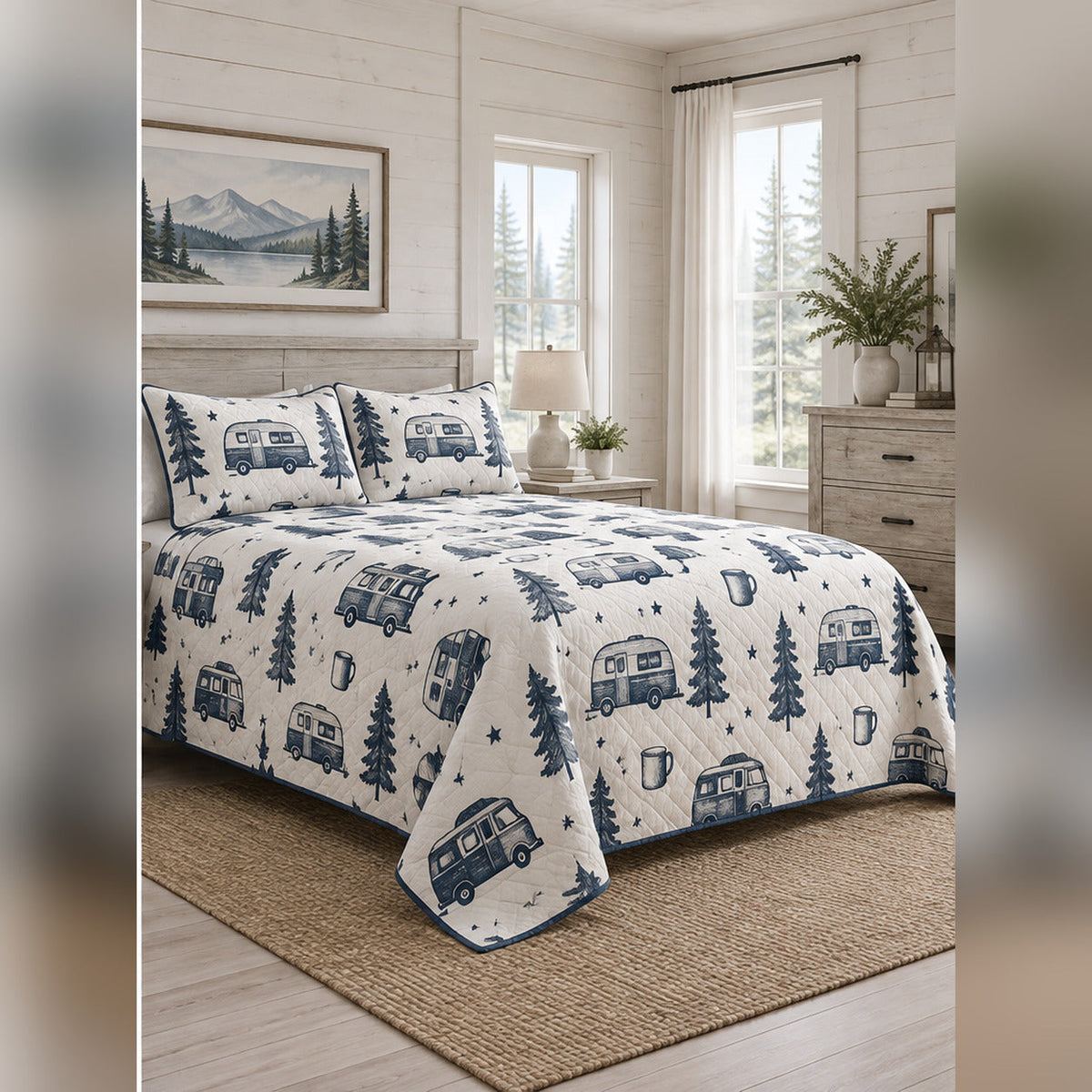 Indigo Camper Block Print Quilt Set, angled rv camping bedroom view