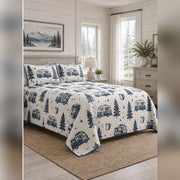 Indigo Camper Block Print Quilt Set, angled rv camping bedroom view