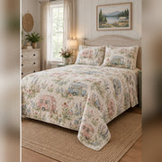 Wildflower Camper Meadow Quilt Set, angled rv camping bedroom view