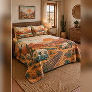 Desert Camper Road Trip Quilt Set, angled rv camping bedroom view