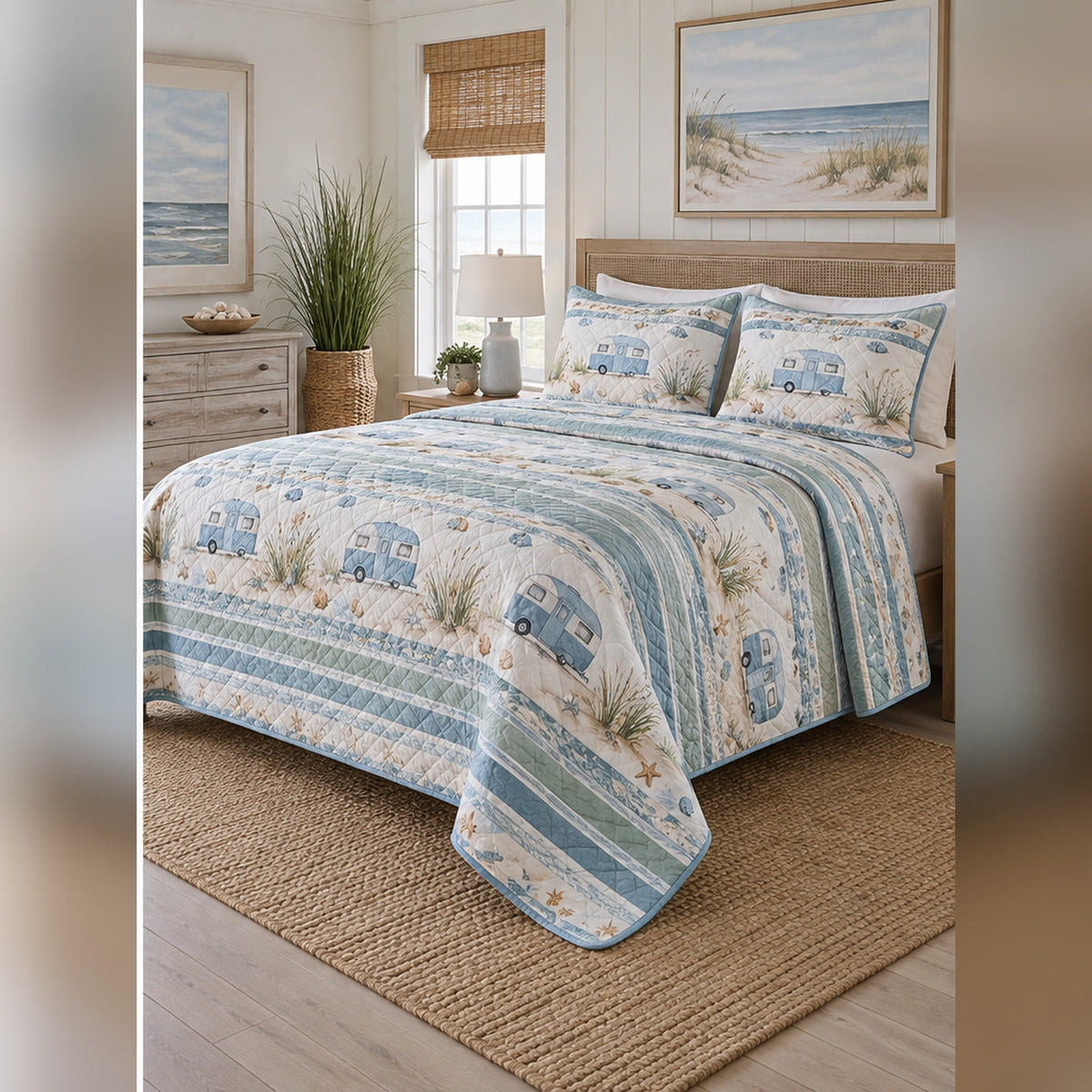 Coastal Blue Camper Quilt Set, angled rv camping bedroom view