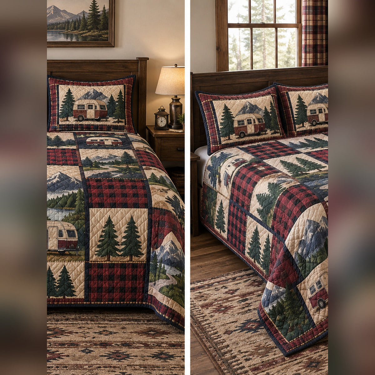 Heirloom Camper Patchwork Print Quilt Set, front rv camping bedroom view