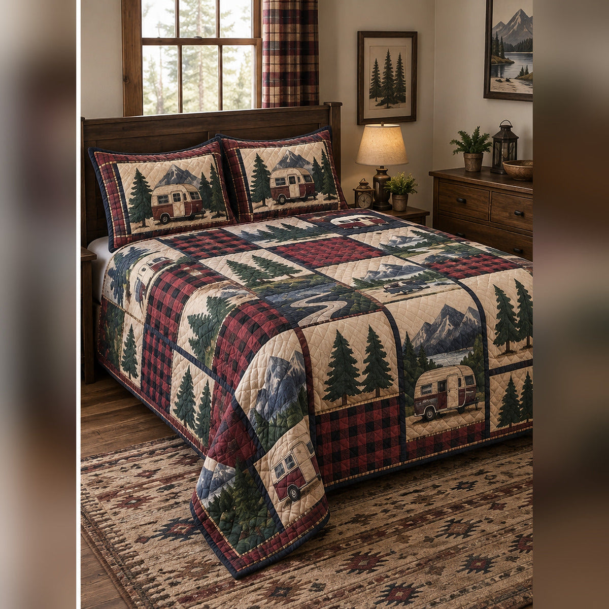 Heirloom Camper Patchwork Print Quilt Set, angled rv camping bedroom view