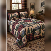 Heirloom Camper Patchwork Print Quilt Set, angled rv camping bedroom view