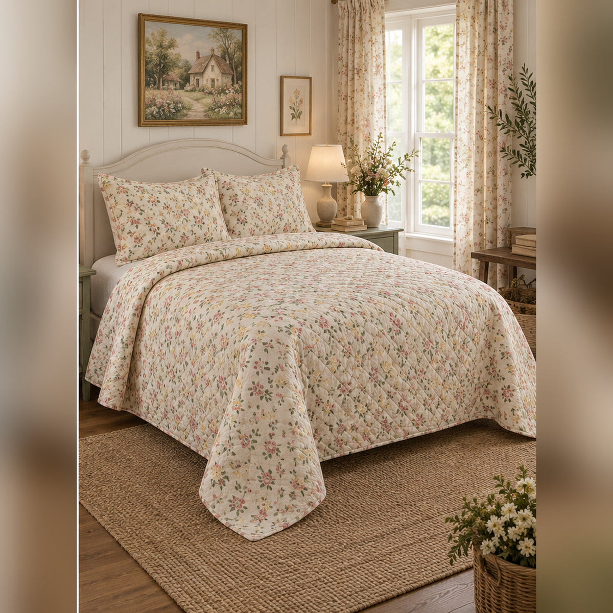 Ditsy Meadow Floral Quilt Set, angled cottagecore bedroom bedroom view