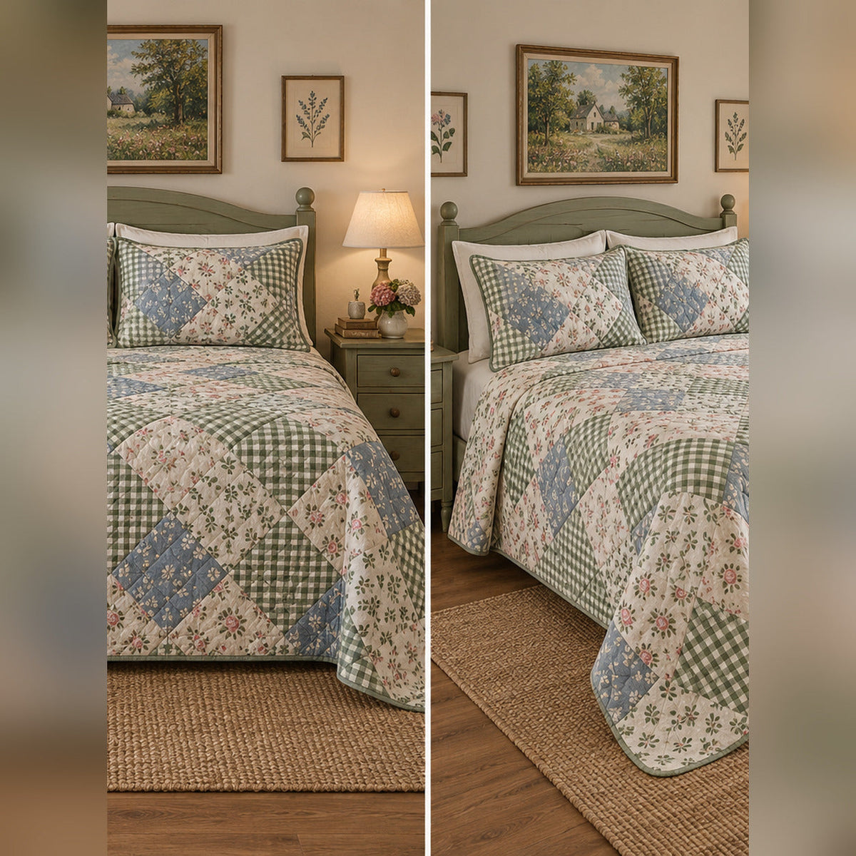 Gingham Garden Patchwork Print Quilt Set, front cottagecore bedroom bedroom view
