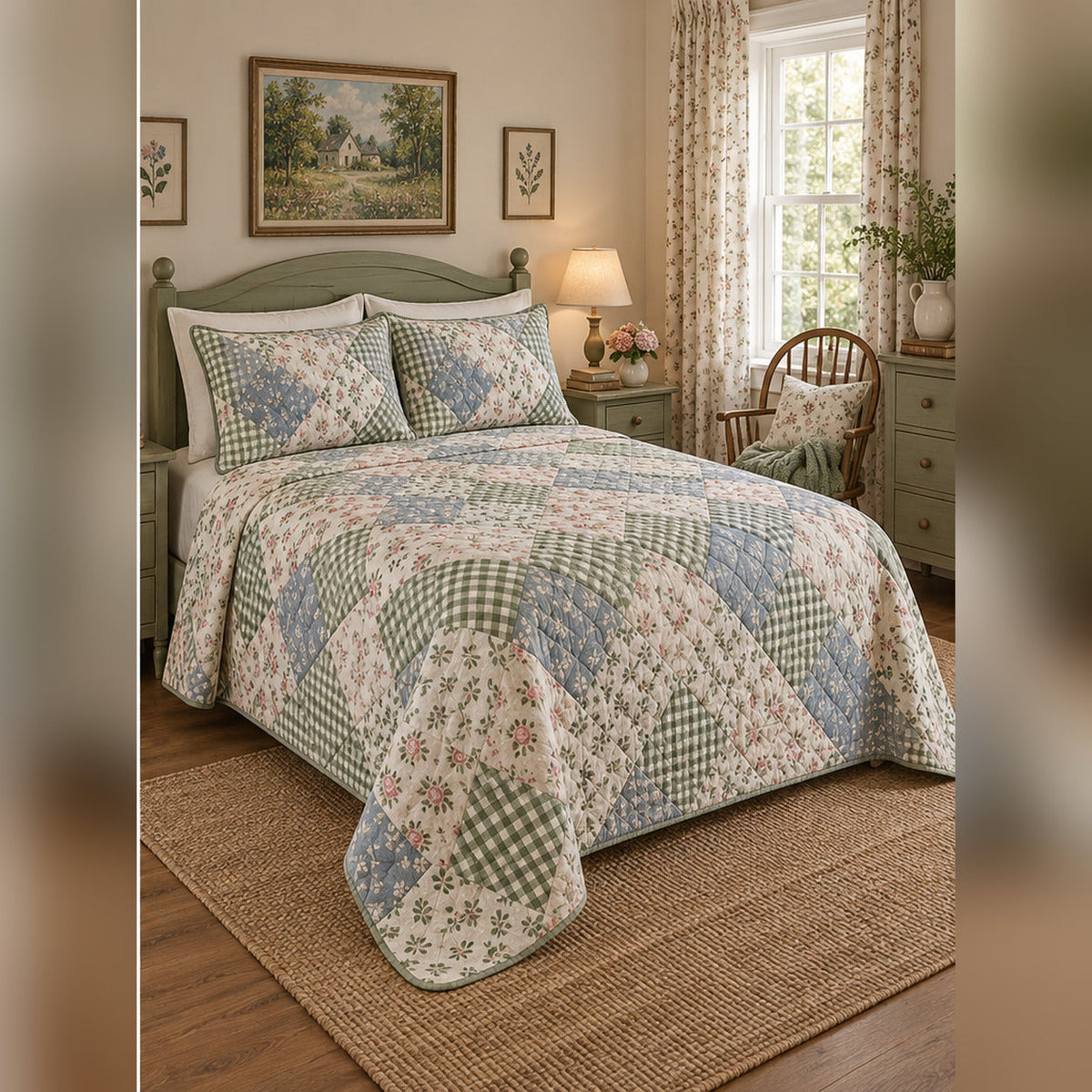 Gingham Garden Patchwork Print Quilt Set, angled cottagecore bedroom bedroom view