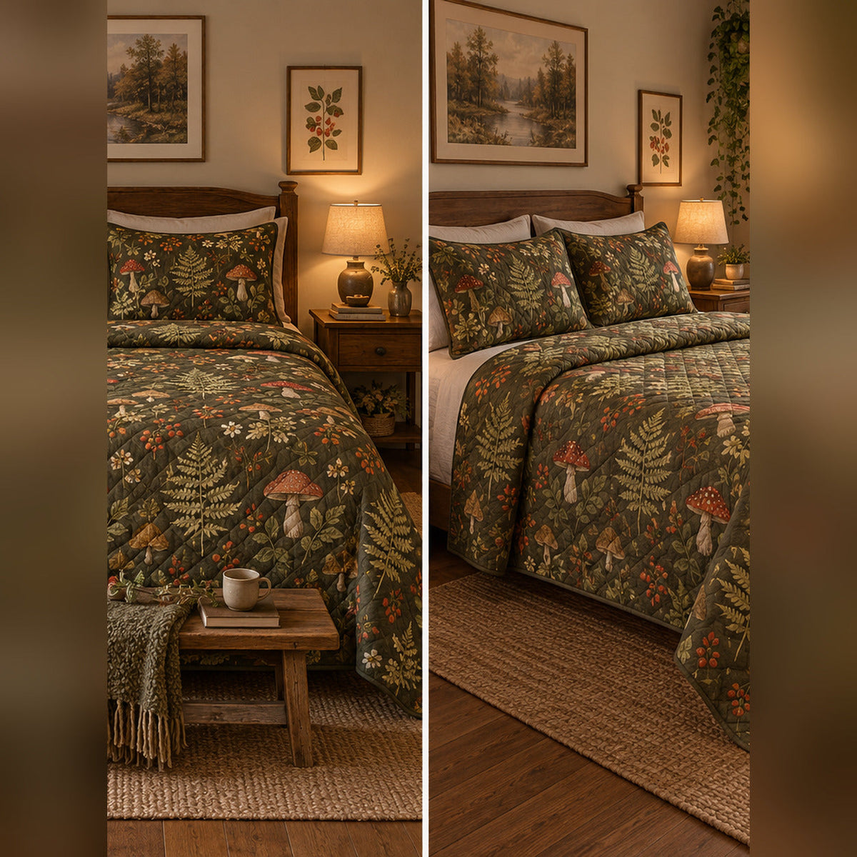 Woodland Mushroom Cottage Quilt Set, front cottagecore bedroom bedroom view