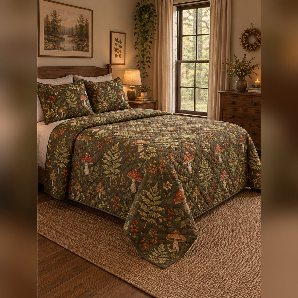 Woodland Mushroom Cottage Quilt Set, angled cottagecore bedroom bedroom view