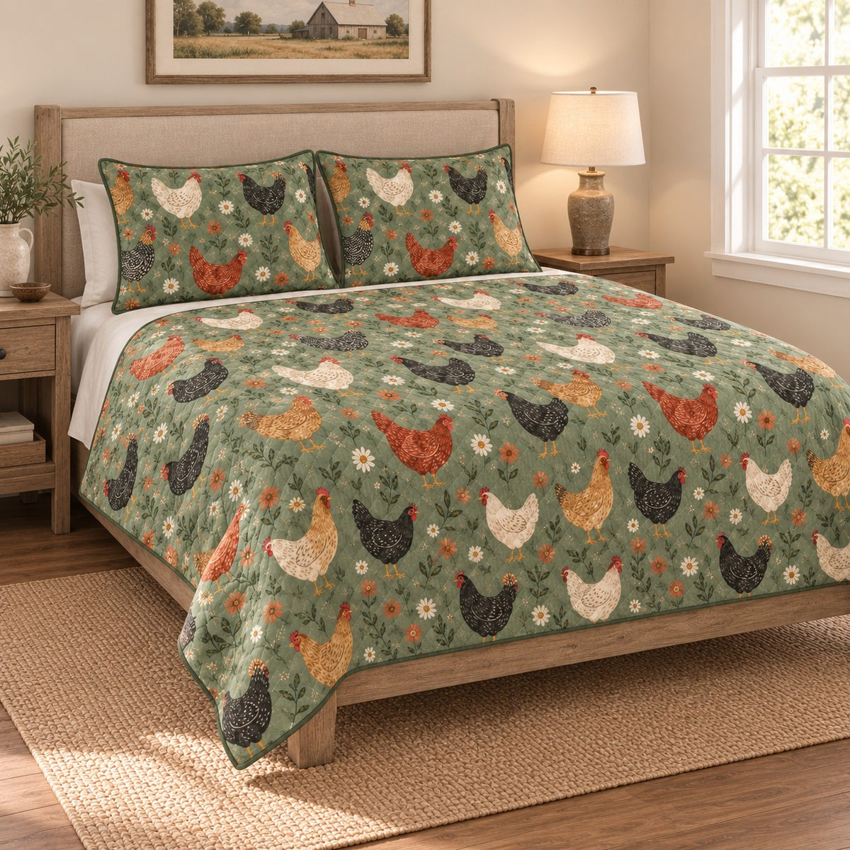 Chicken Floral Sage Green Farmhouse Quilt Set: angled bedroom view showing the quilt artwork and coordinating shams