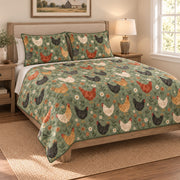 Chicken Floral Sage Green Farmhouse Quilt Set: angled bedroom view showing the quilt artwork and coordinating shams