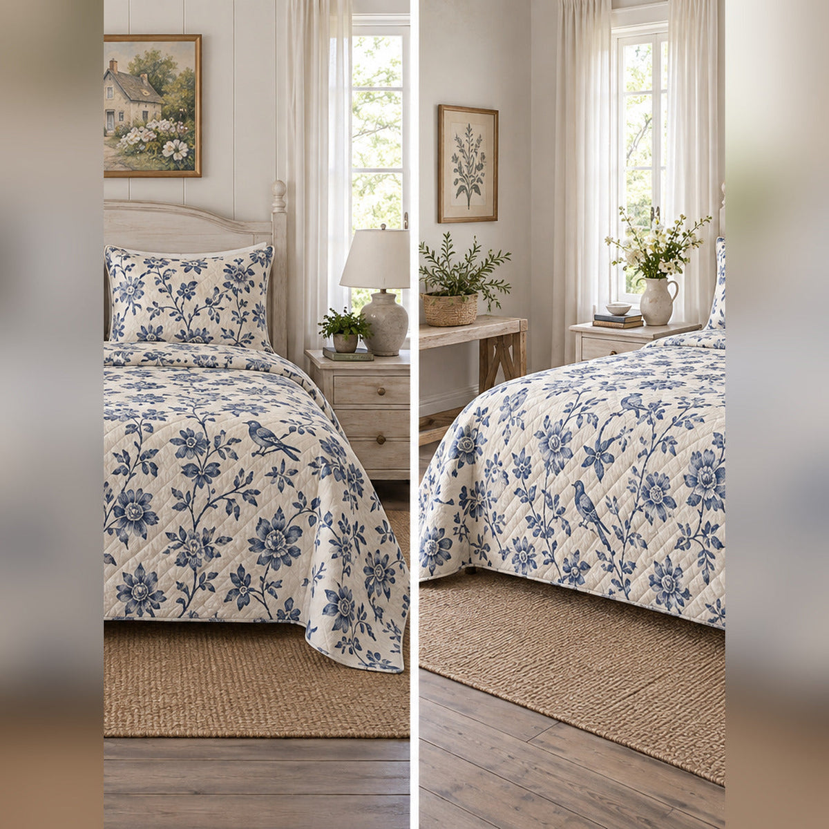 Indigo Cottage Garden Block Print Quilt Set, front cottagecore bedroom bedroom view