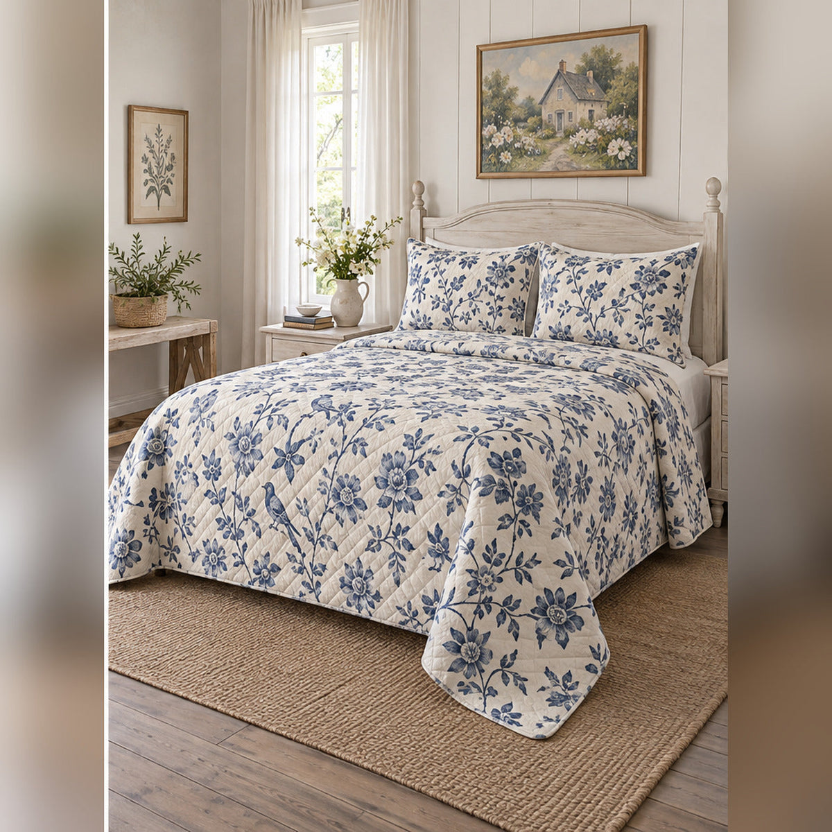 Indigo Cottage Garden Block Print Quilt Set, angled cottagecore bedroom bedroom view