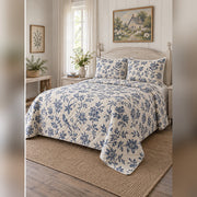 Indigo Cottage Garden Block Print Quilt Set, angled cottagecore bedroom bedroom view