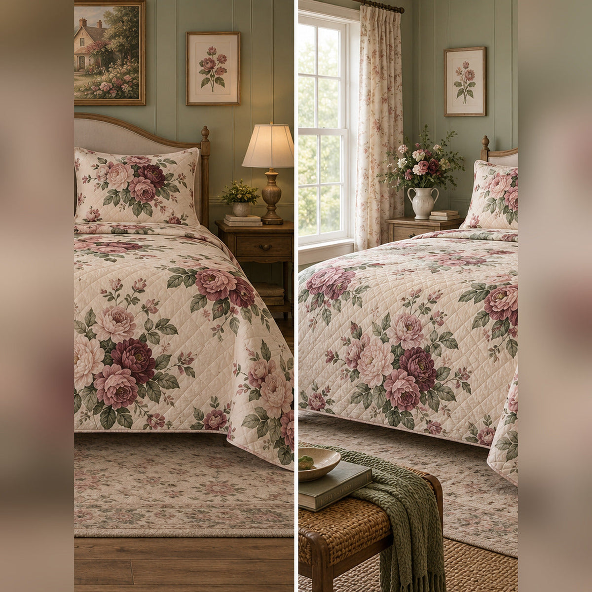 Romantic Cottage Rose Quilt Set, front cottagecore bedroom bedroom view