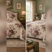 Romantic Cottage Rose Quilt Set, front cottagecore bedroom bedroom view
