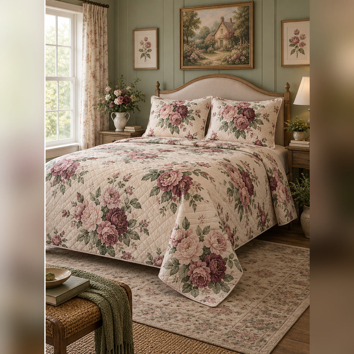 Romantic Cottage Rose Quilt Set, angled cottagecore bedroom bedroom view