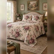 Romantic Cottage Rose Quilt Set, angled cottagecore bedroom bedroom view