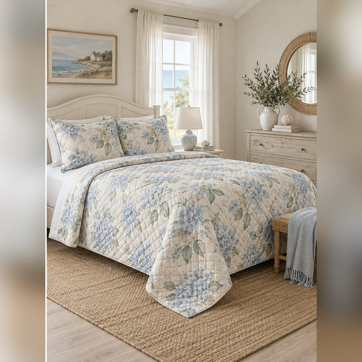 Coastal Cottage Hydrangea Quilt Set, angled cottagecore bedroom bedroom view